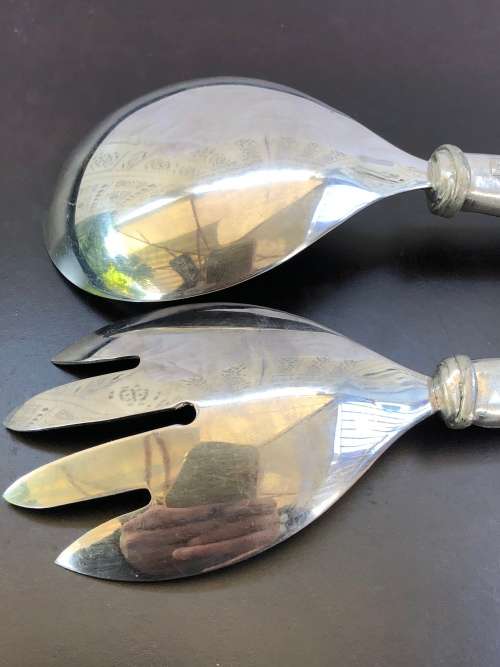 WOW !!! VINTAGE CARROL BOYES PEWTER SALAD SERVERS - TORCH PATTERN