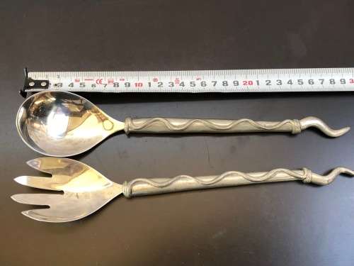 WOW !!! VINTAGE CARROL BOYES PEWTER SALAD SERVERS - TORCH PATTERN