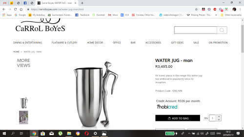 WOW !!! CARROL BOYES MAN WATER PITCHER - CLEARLY MARKED VALUE R3500