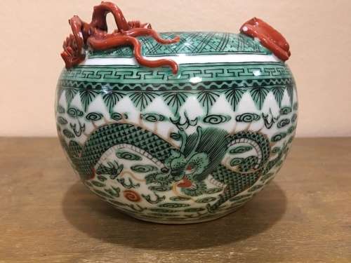 Magnificent Detailed Hong Kong c1950s Chinese Porcelain Applied Dragon & Bat- Large Brush Pot.