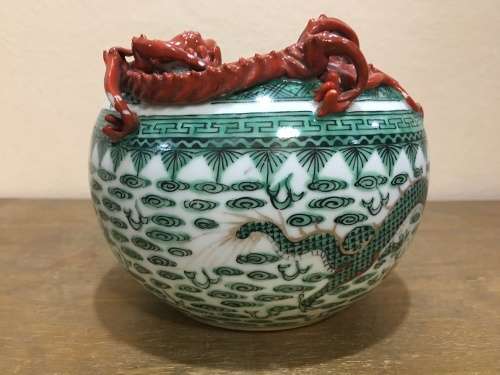 Magnificent Detailed Hong Kong c1950s Chinese Porcelain Applied Dragon & Bat- Large Brush Pot.
