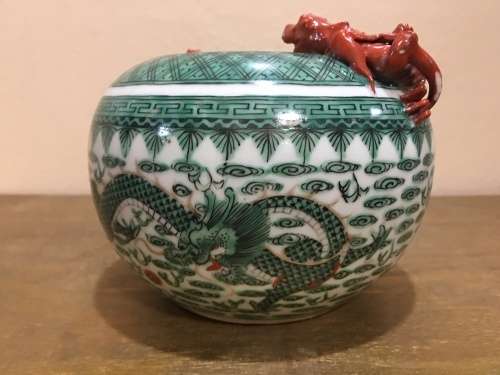 Magnificent Detailed Hong Kong c1950s Chinese Porcelain Applied Dragon & Bat- Large Brush Pot.