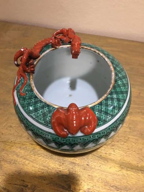 Magnificent Detailed Hong Kong c1950s Chinese Porcelain Applied Dragon & Bat- Large Brush Pot.