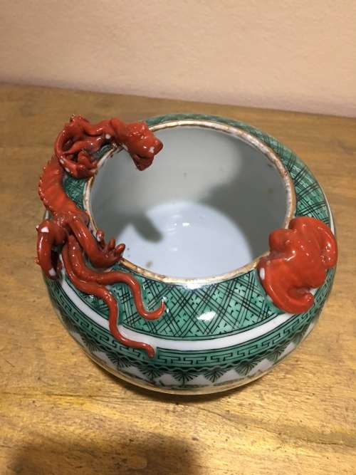 Magnificent Detailed Hong Kong c1950s Chinese Porcelain Applied Dragon & Bat- Large Brush Pot.