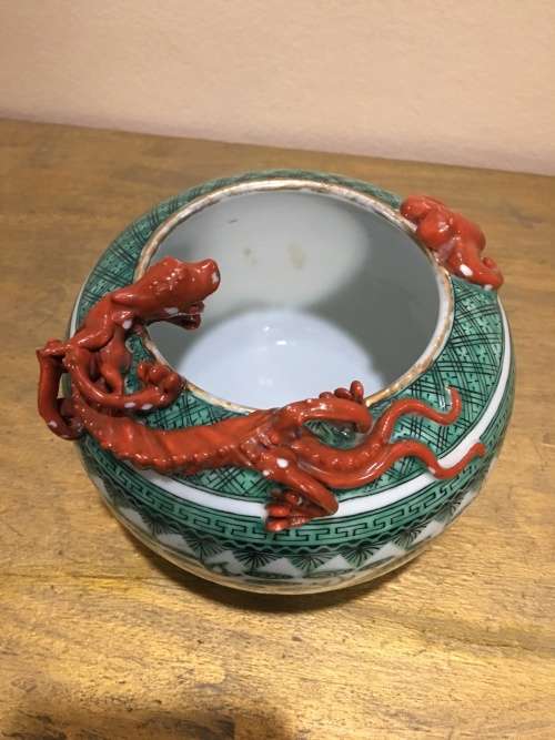 Magnificent Detailed Hong Kong c1950s Chinese Porcelain Applied Dragon & Bat- Large Brush Pot.