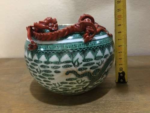 Magnificent Detailed Hong Kong c1950s Chinese Porcelain Applied Dragon & Bat- Large Brush Pot.