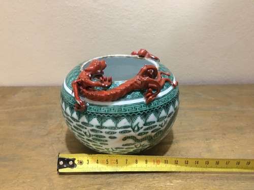 Magnificent Detailed Hong Kong c1950s Chinese Porcelain Applied Dragon & Bat- Large Brush Pot.