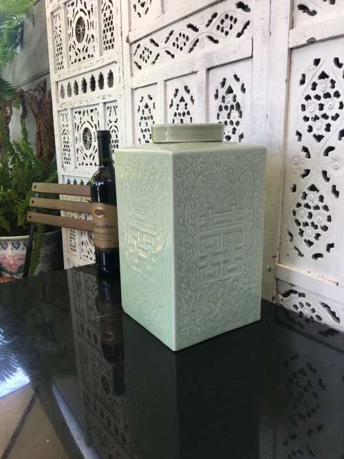 Large Old Chinese Celadon Longquan Style Glazed Porcelain Caddy with carved Happiness Symbol