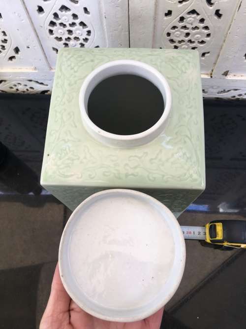 Large Old Chinese Celadon Longquan Style Glazed Porcelain Caddy with carved Happiness Symbol