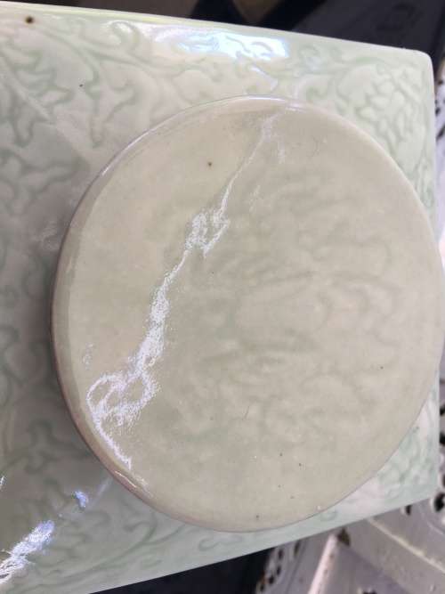 Large Old Chinese Celadon Longquan Style Glazed Porcelain Caddy with carved Happiness Symbol