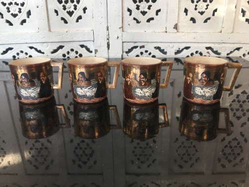 Ultra Rare Japanese  Ryozan Meiji Period Satsuma c1880 Deity & Dragon Morriage Small Cups x 4