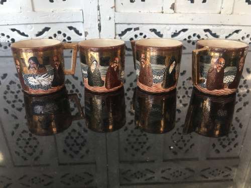 Ultra Rare Japanese  Ryozan Meiji Period Satsuma c1880 Deity & Dragon Morriage Small Cups x 4