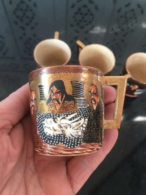 Ultra Rare Japanese  Ryozan Meiji Period Satsuma c1880 Deity & Dragon Morriage Small Cups x 4