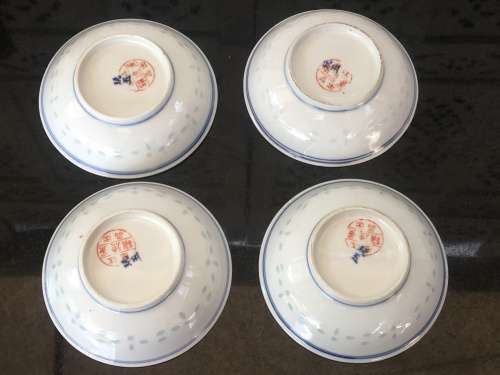 Lot 4 Chinese  Rice Grain Pattern c1920-PRC Kaishu Mark signed Wan Yu, Hand Painted Bowls Kiln Stamp