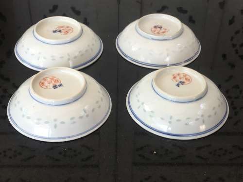 Lot 4 Chinese  Rice Grain Pattern c1920-PRC Kaishu Mark signed Wan Yu, Hand Painted Bowls Kiln Stamp
