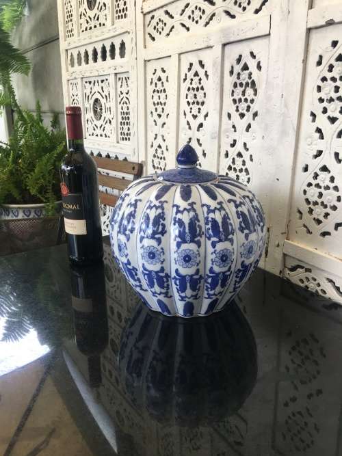 Stunning Large & Heavy Chinese Under Glaze Blue Hand Painted Porcelain Pumpkin Pot