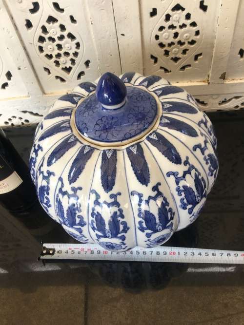 Stunning Large & Heavy Chinese Under Glaze Blue Hand Painted Porcelain Pumpkin Pot