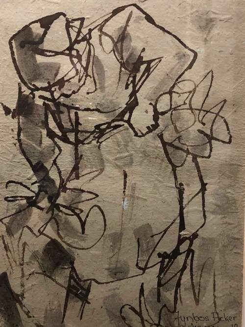 INVESTMENT ART~ HENNIE NIEMANN (1941 - ) WATERCOLOR ON HANDMADE PAPER - TITLED "FYNBOS PICKERS" 2010