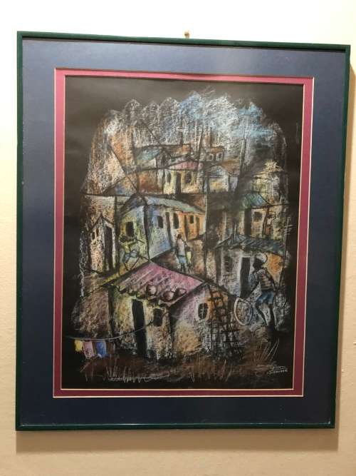 WOW !!! GIBSON MOKHACHANE (1941 -) SA ARTIST - TOWNSHIP SCENE MIXED MEDIA - READY TO HANG