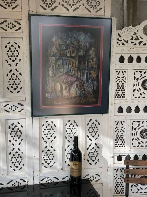 WOW !!! GIBSON MOKHACHANE (1941 -) SA ARTIST - TOWNSHIP SCENE MIXED MEDIA - READY TO HANG