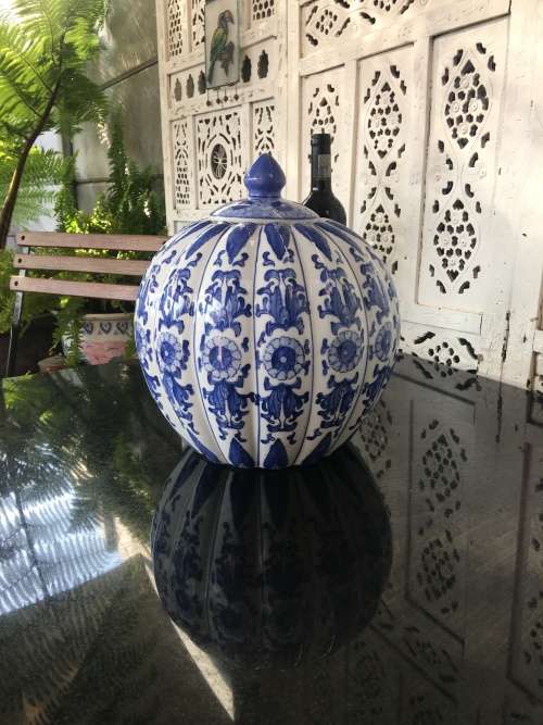 Stunning Large & Heavy Chinese Under Glaze Blue Hand Painted Porcelain Pumpkin Pot Marking on Base