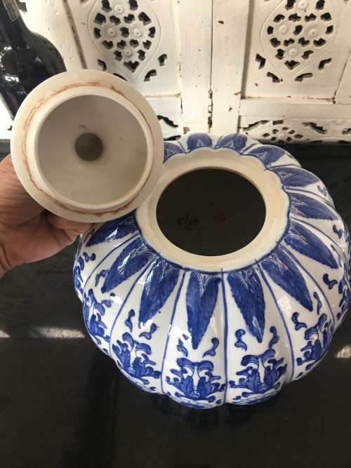 Stunning Large & Heavy Chinese Under Glaze Blue Hand Painted Porcelain Pumpkin Pot Marking on Base