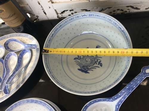 LotVintage Chinese Rice Pattern Porcelain Tableware. Large Platter & Salad Bowl with plates & Spoons