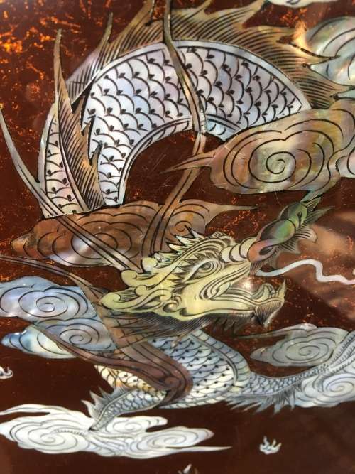 Vintage Chinese Black & Red Lacquered Wall Art Panels With Mother Of Pearl Inlay Mythical Animals