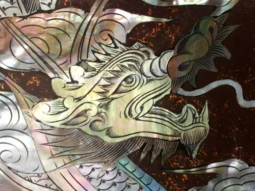 Vintage Chinese Black & Red Lacquered Wall Art Panels With Mother Of Pearl Inlay Mythical Animals