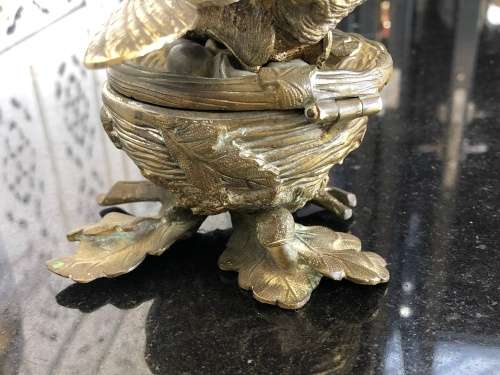 WOW !!! STUNNING FIRE GILDED BRONZE BIRD ON THE NEST LIDDED TRINKET BOX - c1800's