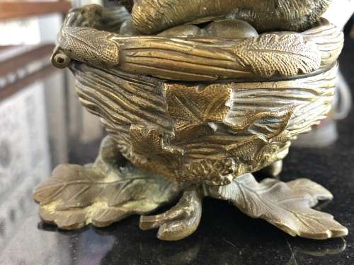 WOW !!! STUNNING FIRE GILDED BRONZE BIRD ON THE NEST LIDDED TRINKET BOX - c1800's