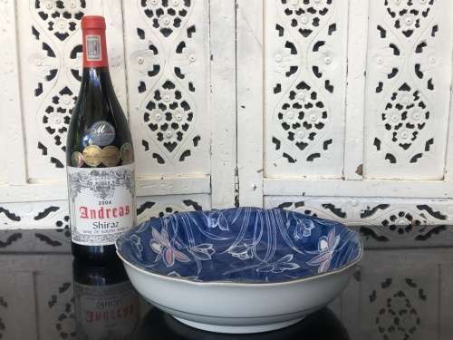 Beautiful Old Japanese Toho Minoyaki Blue Ground Hand Painted under high Gloss Scalloped Salad Bowl