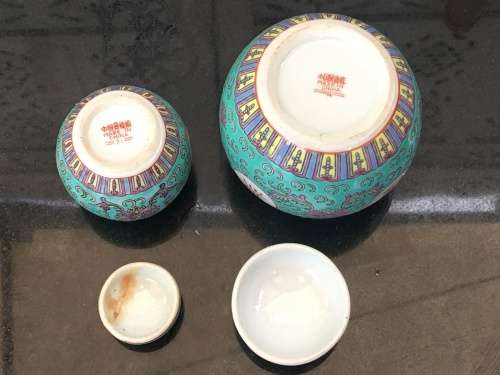 lot 1960's Zhongguo Jingdezhen Porcelain 2 small Ginger Jars  Green Base Enamel Hand Painted .....