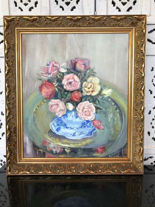 WOW !!! STUNNING FRAMED OIL ON CANVAS STILL LIFE OF FLOWERS BY SIMONE GAST DATED 1960