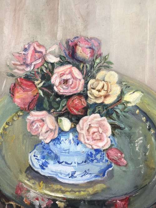 WOW !!! STUNNING FRAMED OIL ON CANVAS STILL LIFE OF FLOWERS BY SIMONE GAST DATED 1960