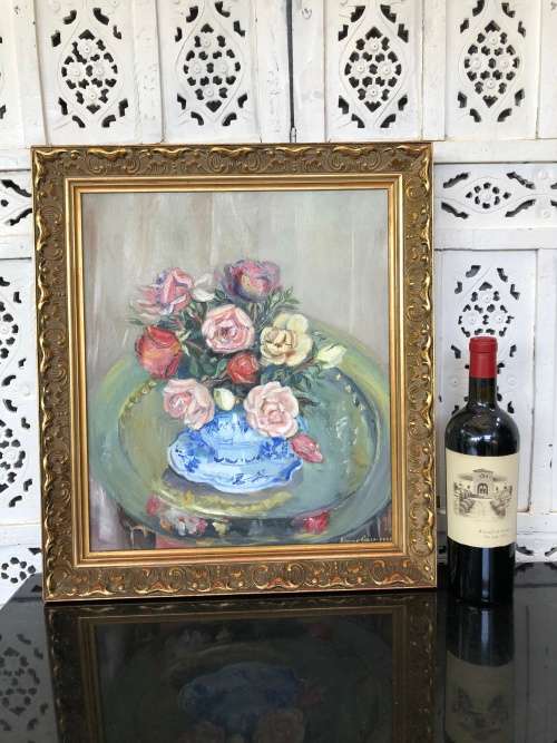 WOW !!! STUNNING FRAMED OIL ON CANVAS STILL LIFE OF FLOWERS BY SIMONE GAST DATED 1960