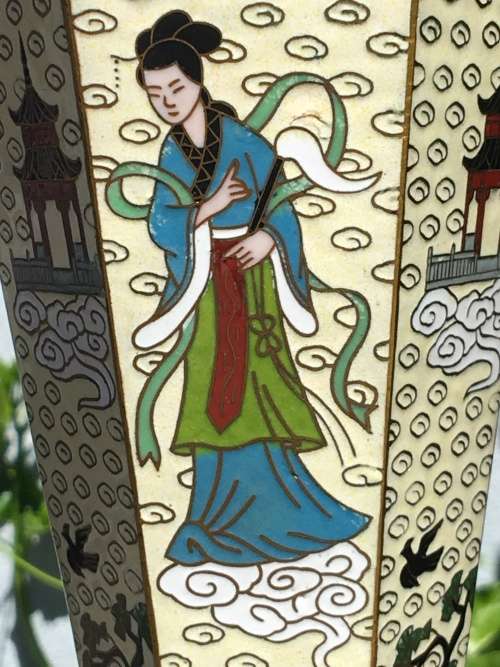 Beautiful Antique Chinese Cloisonne Vase Depicting Guanyin The Goddess of Mercy