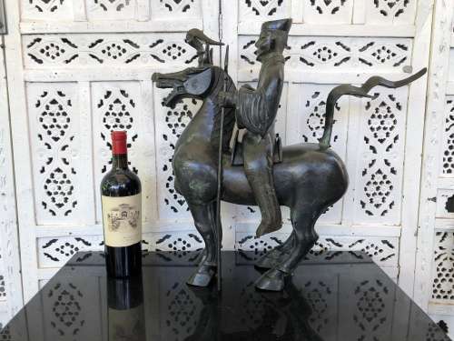 WOW !!! HUGE BRONZE SCULPTURE OF A CHINESE ARMED WARRIOR ON A TANG HORSE - VERY IMPRESSIVE PIECE
