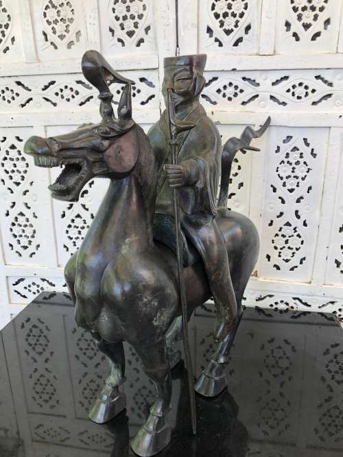 WOW !!! HUGE BRONZE SCULPTURE OF A CHINESE ARMED WARRIOR ON A TANG HORSE - VERY IMPRESSIVE PIECE