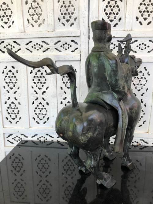 WOW !!! HUGE BRONZE SCULPTURE OF A CHINESE ARMED WARRIOR ON A TANG HORSE - VERY IMPRESSIVE PIECE