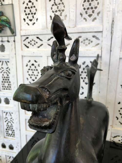 WOW !!! HUGE BRONZE SCULPTURE OF A CHINESE ARMED WARRIOR ON A TANG HORSE - VERY IMPRESSIVE PIECE