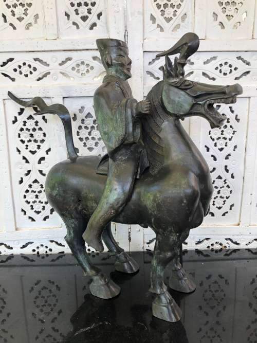 WOW !!! HUGE BRONZE SCULPTURE OF A CHINESE ARMED WARRIOR ON A TANG HORSE - VERY IMPRESSIVE PIECE