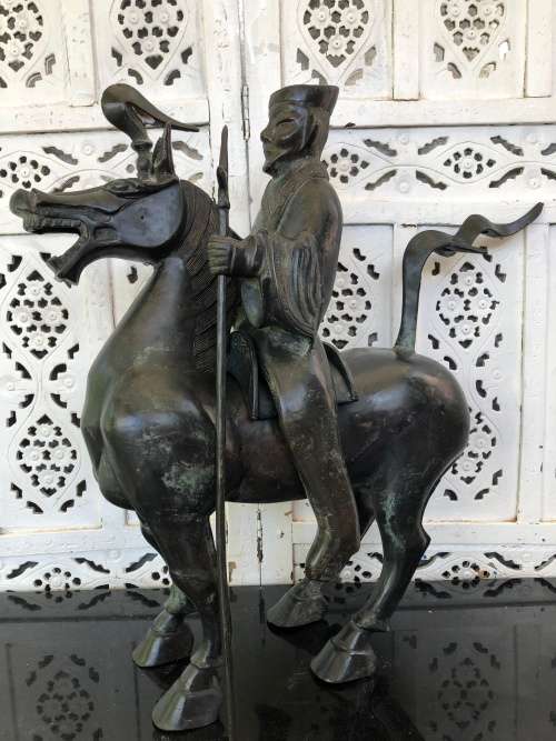 WOW !!! HUGE BRONZE SCULPTURE OF A CHINESE ARMED WARRIOR ON A TANG HORSE - VERY IMPRESSIVE PIECE