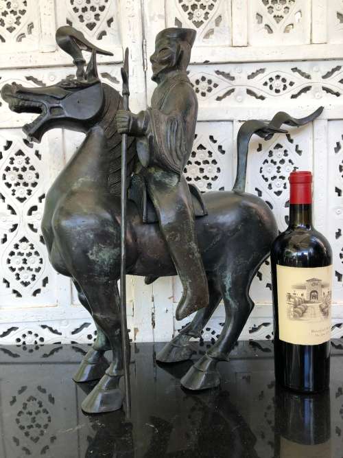 WOW !!! HUGE BRONZE SCULPTURE OF A CHINESE ARMED WARRIOR ON A TANG HORSE - VERY IMPRESSIVE PIECE