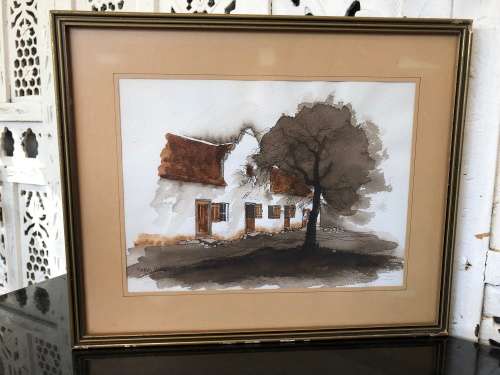 INVESTMENT ART !! DAVID WHEILDON OOSTHUIZEN (1946 - ) WATERCOLOR TITLED "FARM BUILDING STELLENBOSCH"