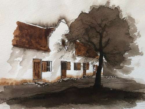 INVESTMENT ART !! DAVID WHEILDON OOSTHUIZEN (1946 - ) WATERCOLOR TITLED "FARM BUILDING STELLENBOSCH"