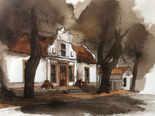 INVESTMENT ART !! DAVID WHEILDON OOSTHUIZEN (1946 - ) WATERCOLOR TITLED "HOUSE IN DORP STREET"