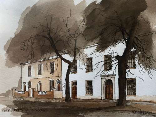 INVESTMENT ART !! DAVID WHEILDON OOSTHUIZEN (1946 - ) WATERCOLOR TITLED "DORP STREET STELLENBOSCH"
