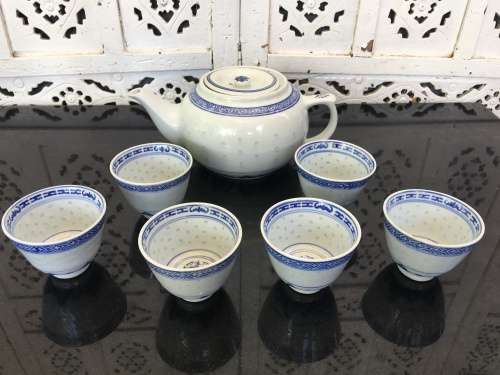 Lot Vintage Chinese Rice Pattern Porcelain Tableware. Tea Pot & 6 Dragon Earless Cups