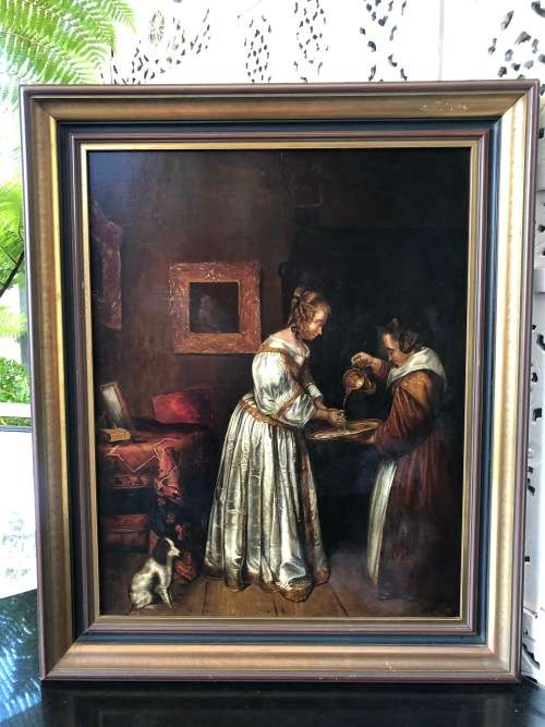 18th/19th CENTURY CONTINENTAL SCHOOL OIL PAINTING ON A WOOD PANEL - LADY WASHING HER HANDS - FRAMED